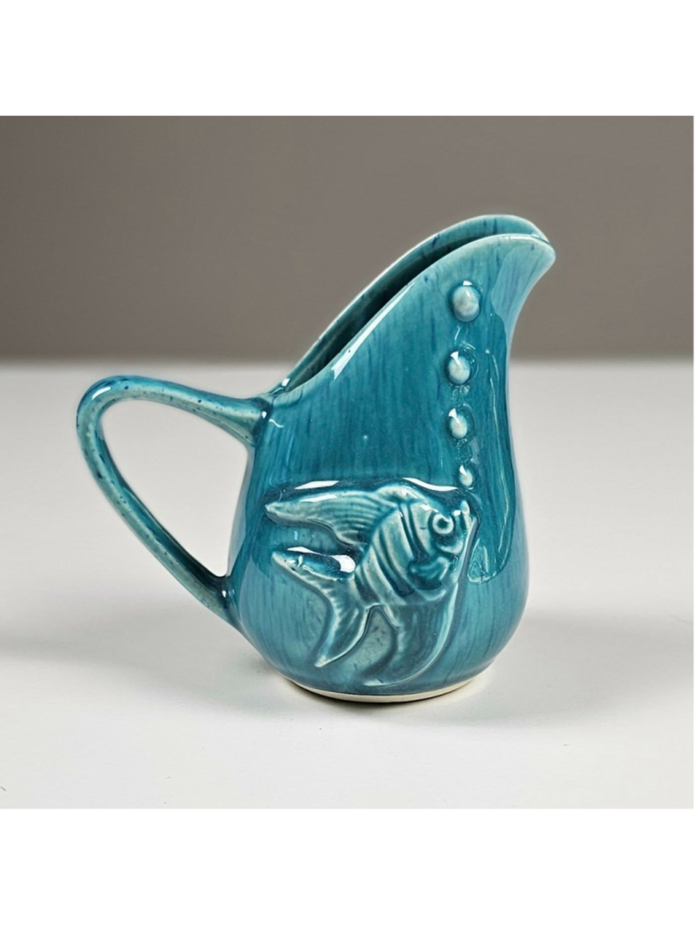 Vintage Teal Blue Ceramic Fish Creamer Pitcher 3.75" Whimsical Angelfish Mint